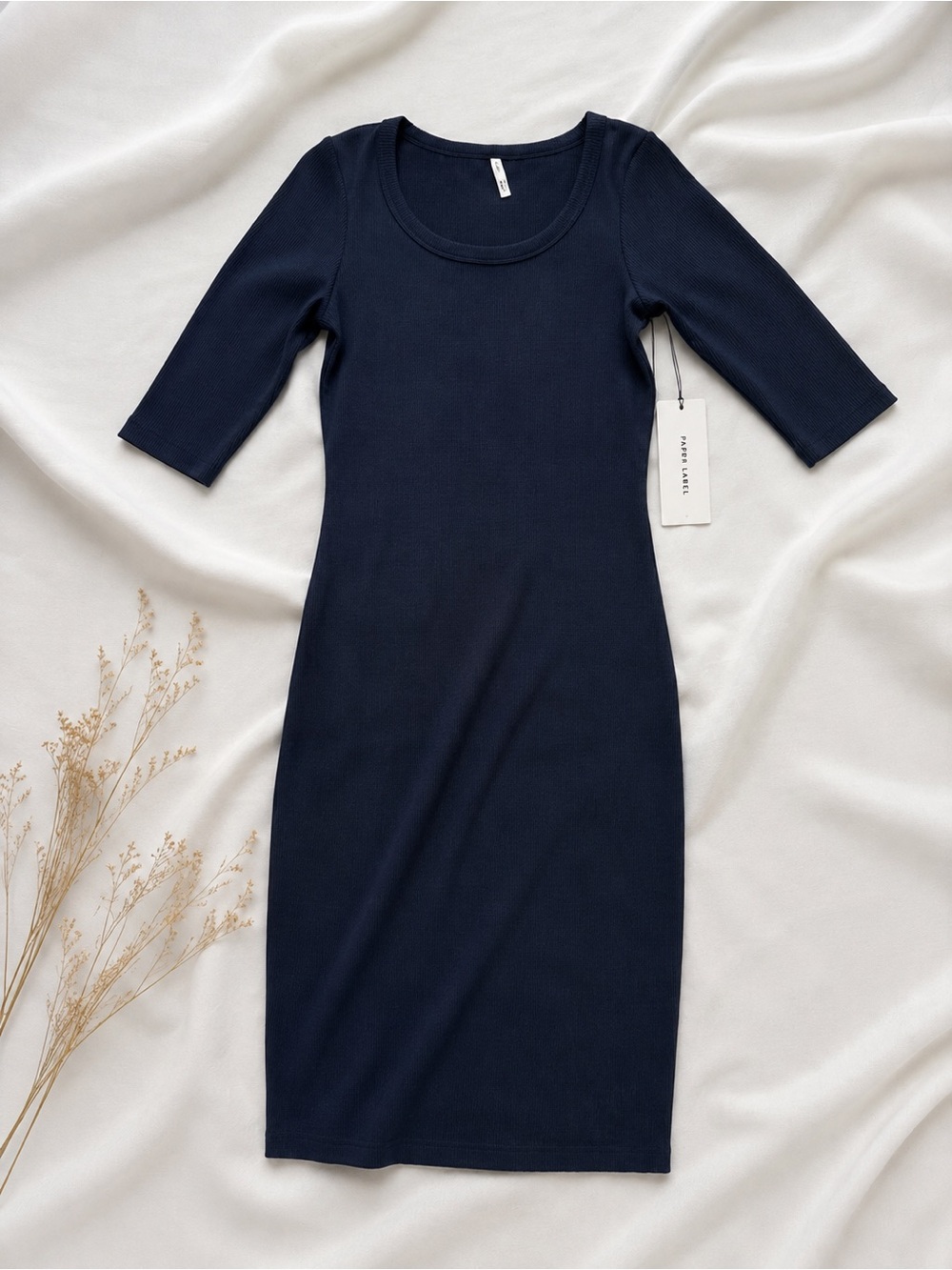 Scoop-Neck Navy Ribbed Midi Dress by Paper label